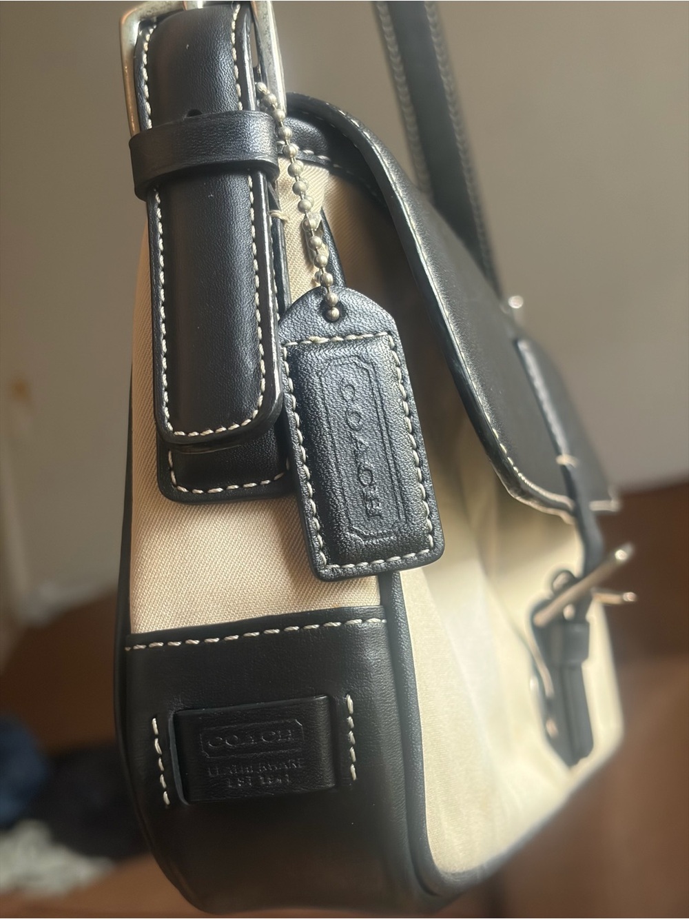 Coach Beige and Black Canvas Leather Trim Shoulder Bag